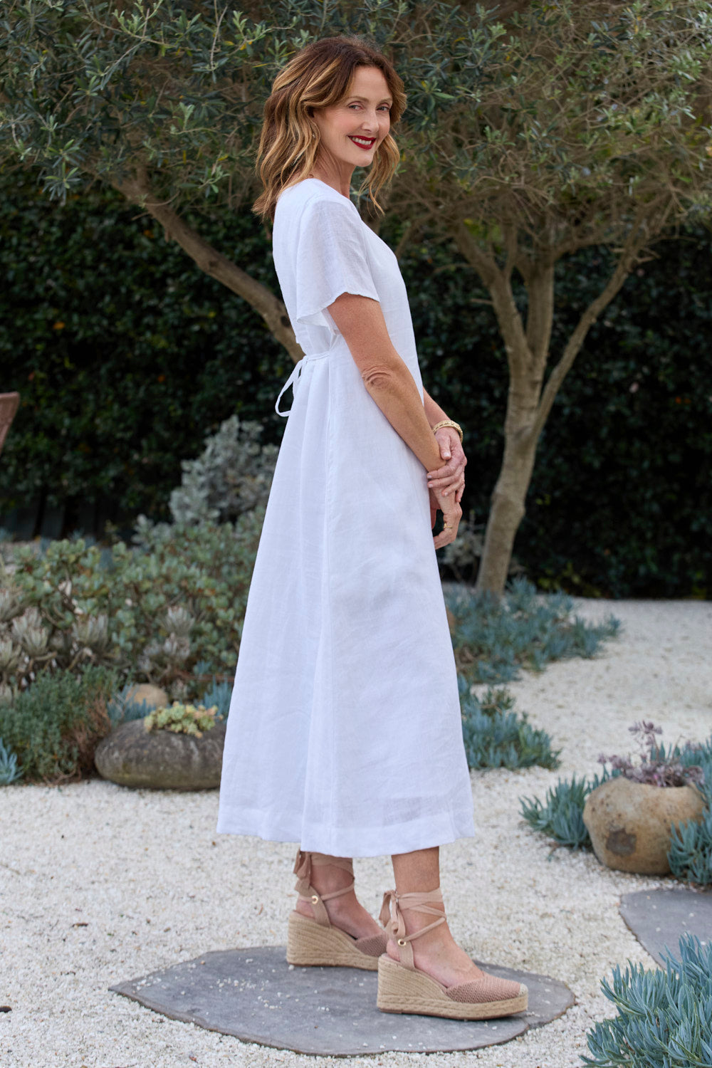 Tatum Linen Flutter Sleeve Dress in White