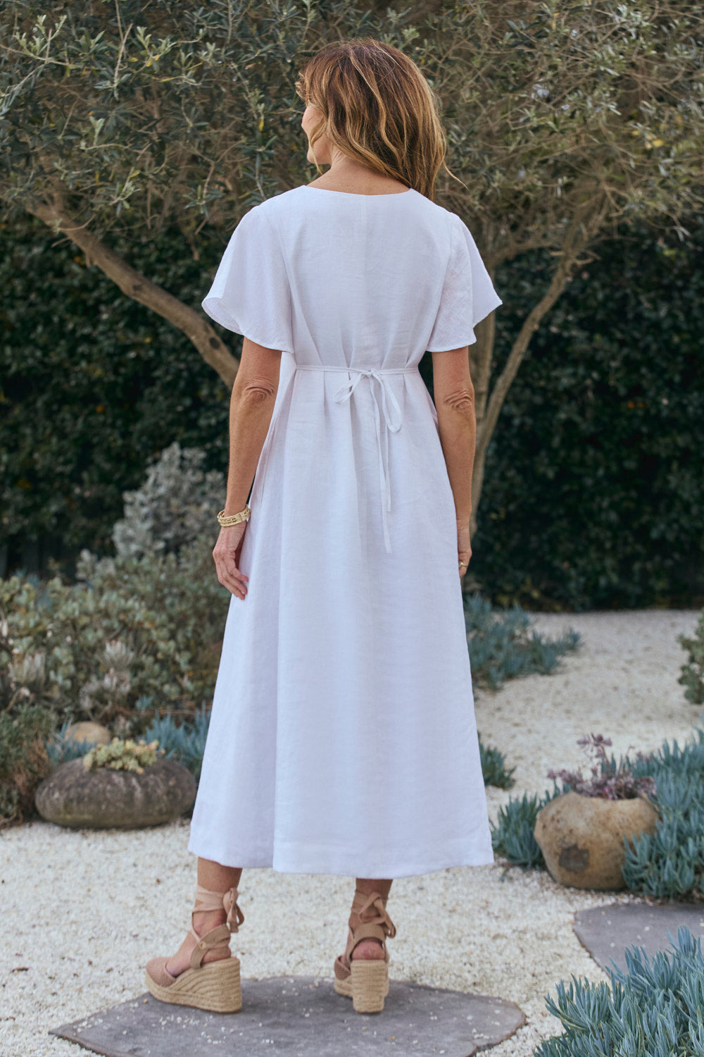 Tatum Linen Flutter Sleeve Dress in White