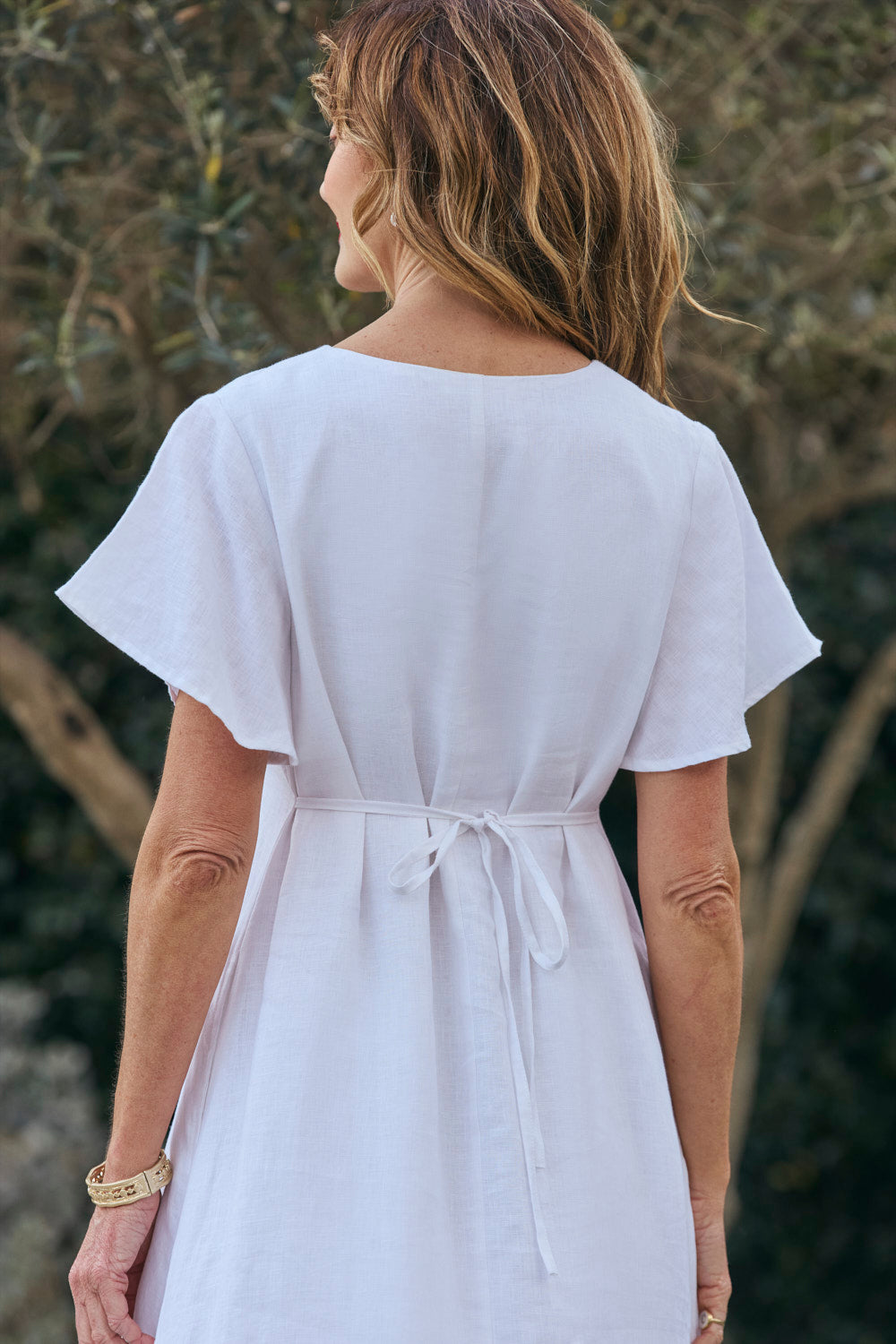 Tatum Linen Flutter Sleeve Dress in White