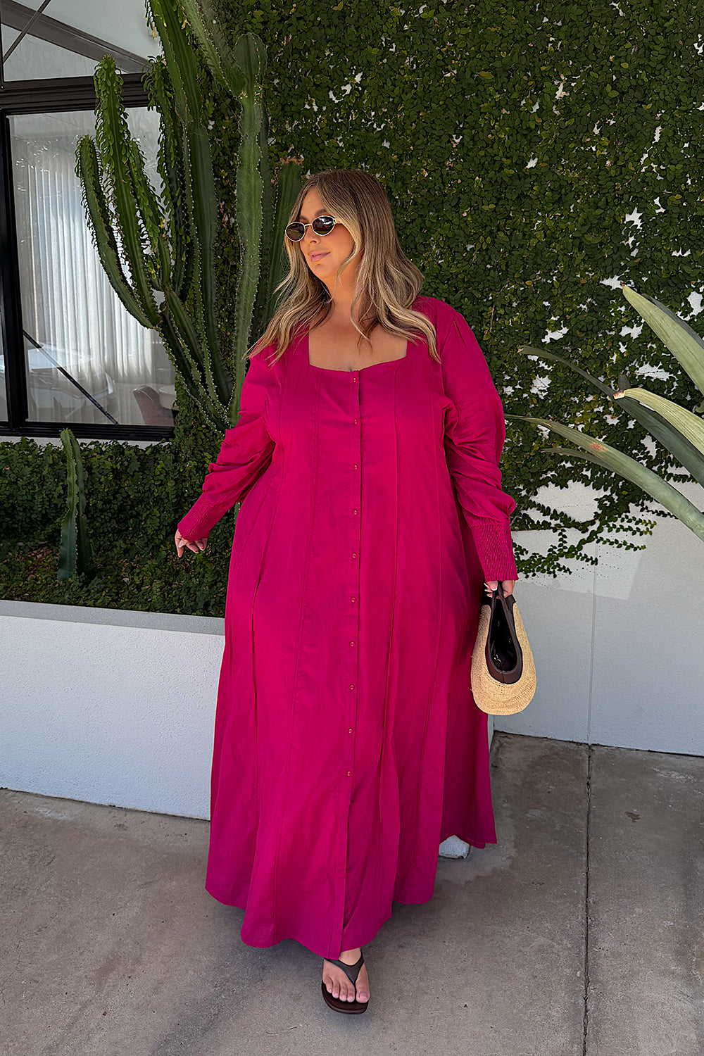 Ophelia Button Through Dress in Magenta, flowing silhouette in ultra lightweight cotton voile, Adrift