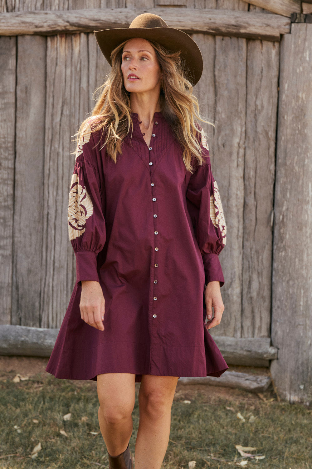 Trinny Embroidered Dress in Burgundy Reverie