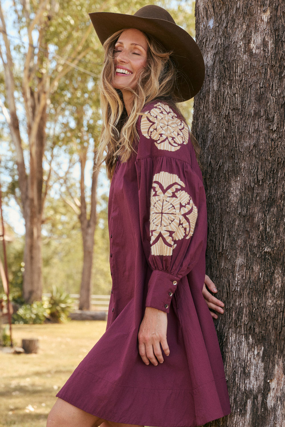 Trinny Embroidered Dress in Burgundy Reverie
