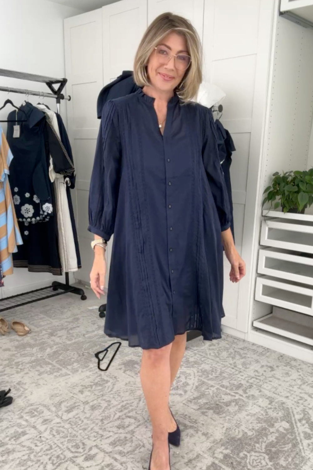 Harper Pintuck Dress in Navy Lyric