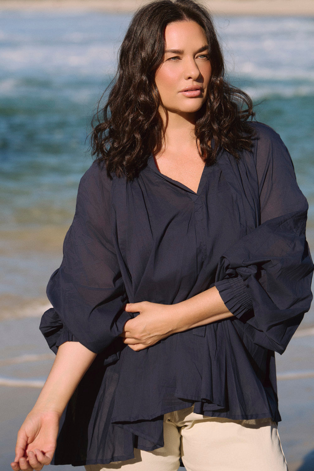 Wren Billow Sleeve Blouse in Navy