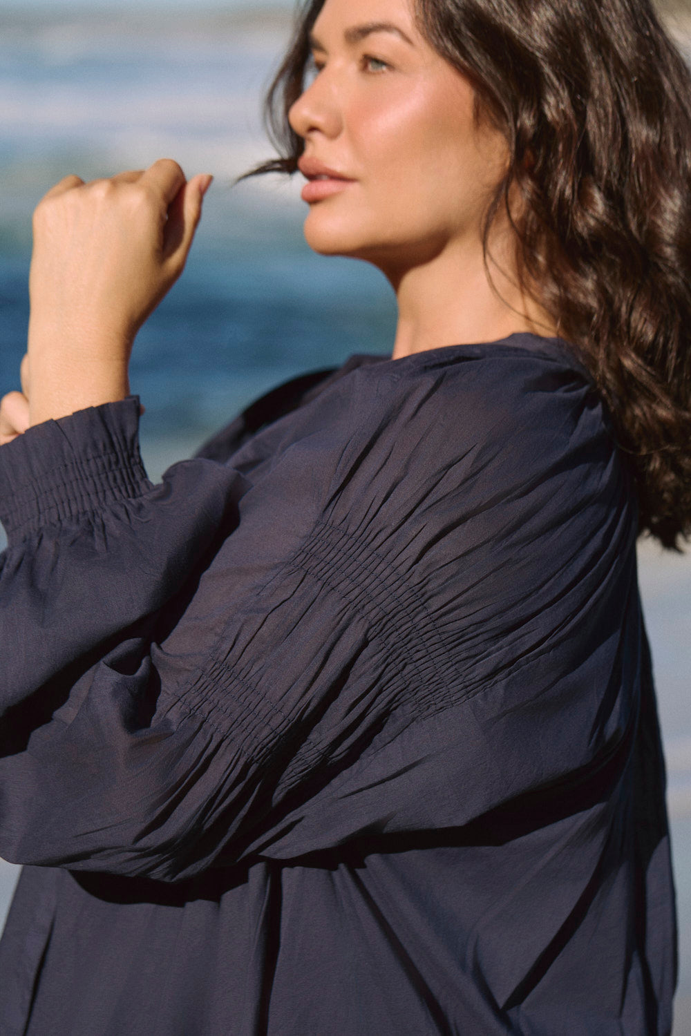 Wren Billow Sleeve Blouse in Navy