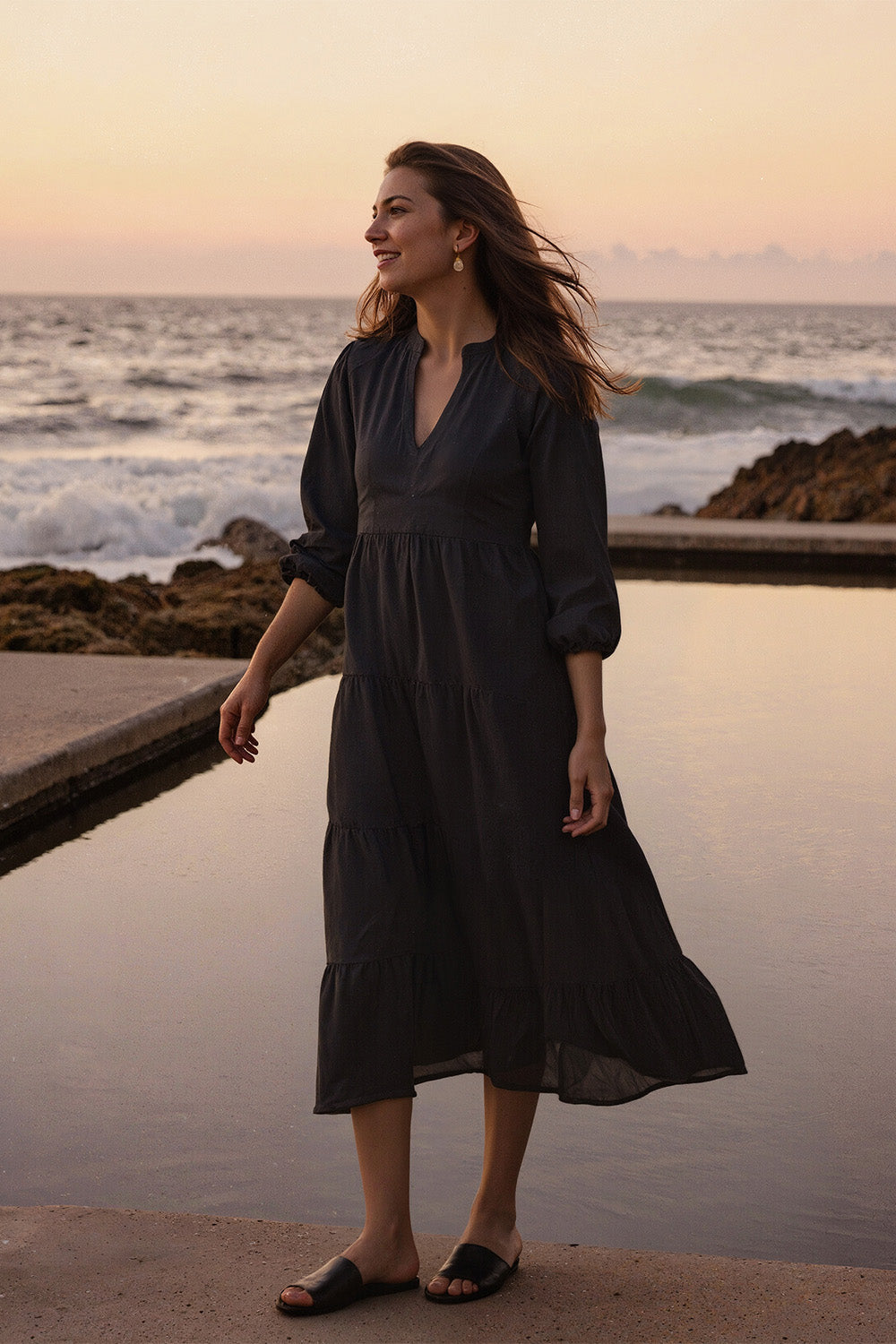 Sabre Linen V-Neck Dress in Black