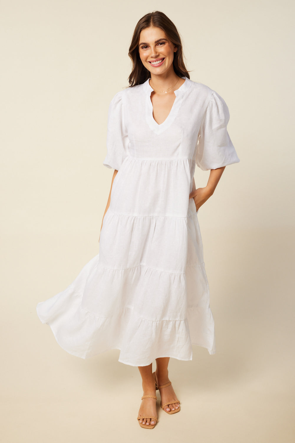 Sabre V-Neck Dress in White (6956143050826)
