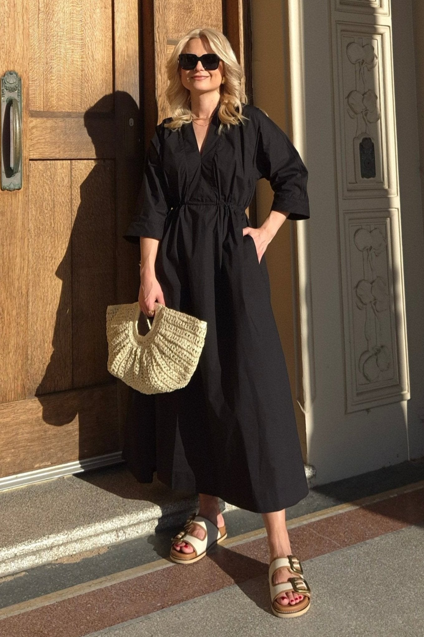 Finley Poplin Kaftan Dress in Black