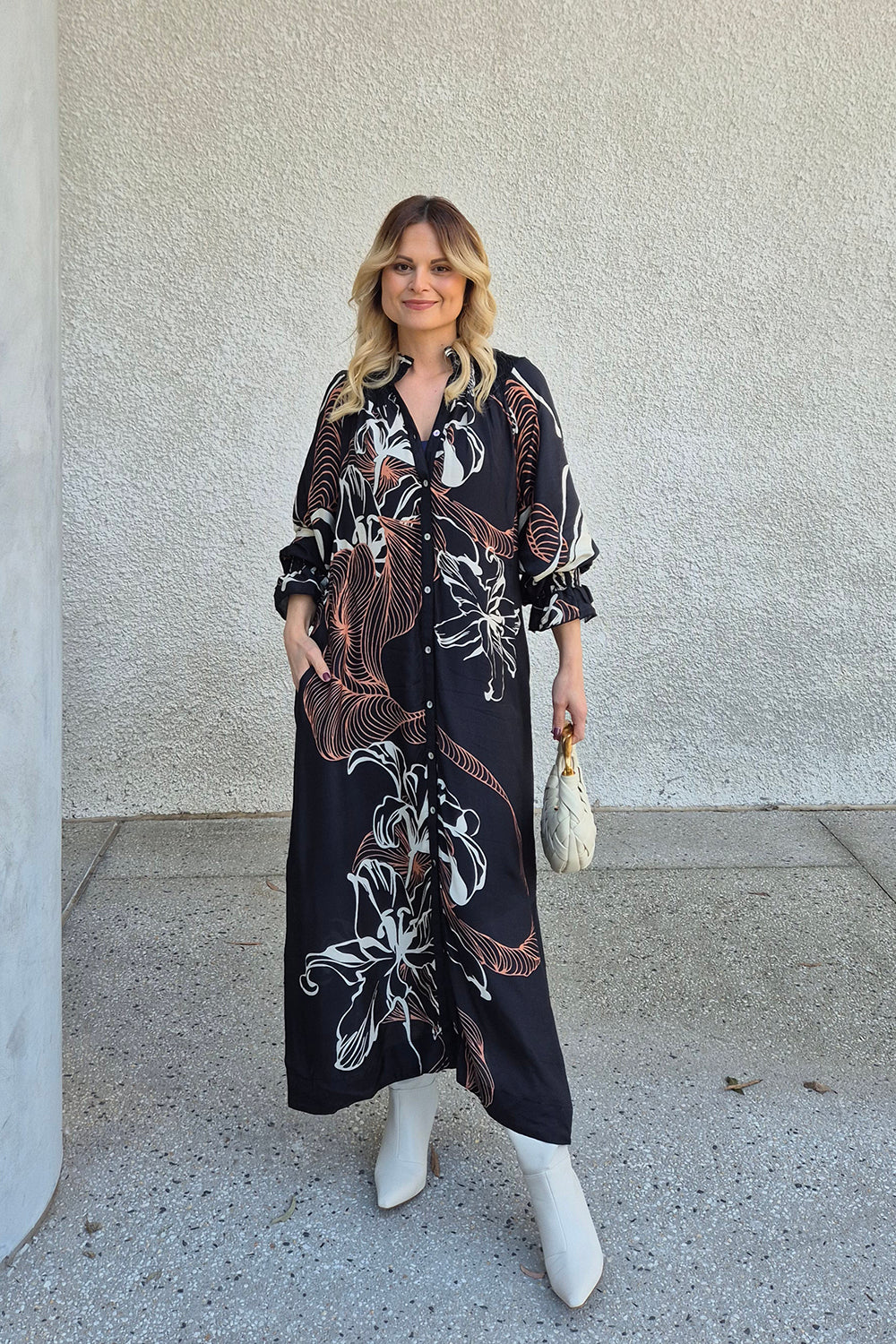 Gianna Shirred Dress in Floral Terrain