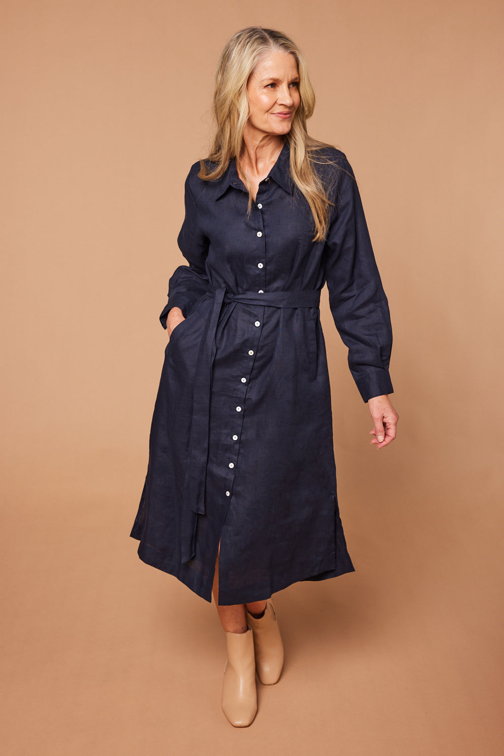 Basics by Adrift Abbey Linen Shirt Dress in Navy - Linen, Button Down ...
