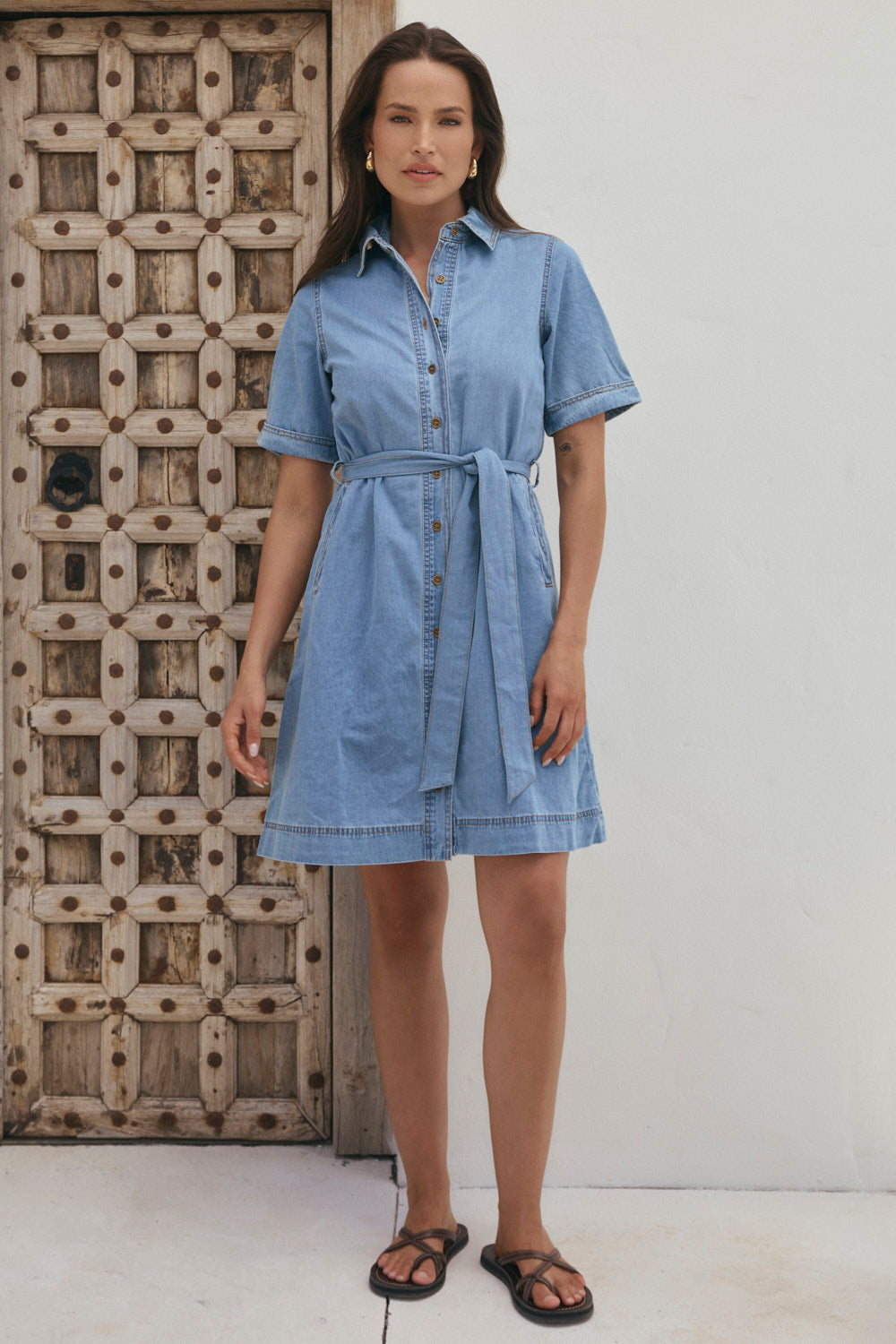 Abbey Chambray Short Dress in Light Wash | Adrift Clothing