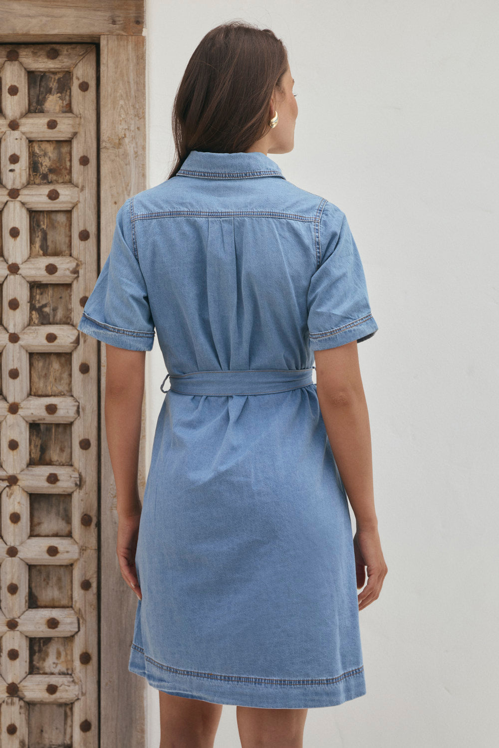 Abbey Chambray Short Dress in Light Wash | Adrift Clothing