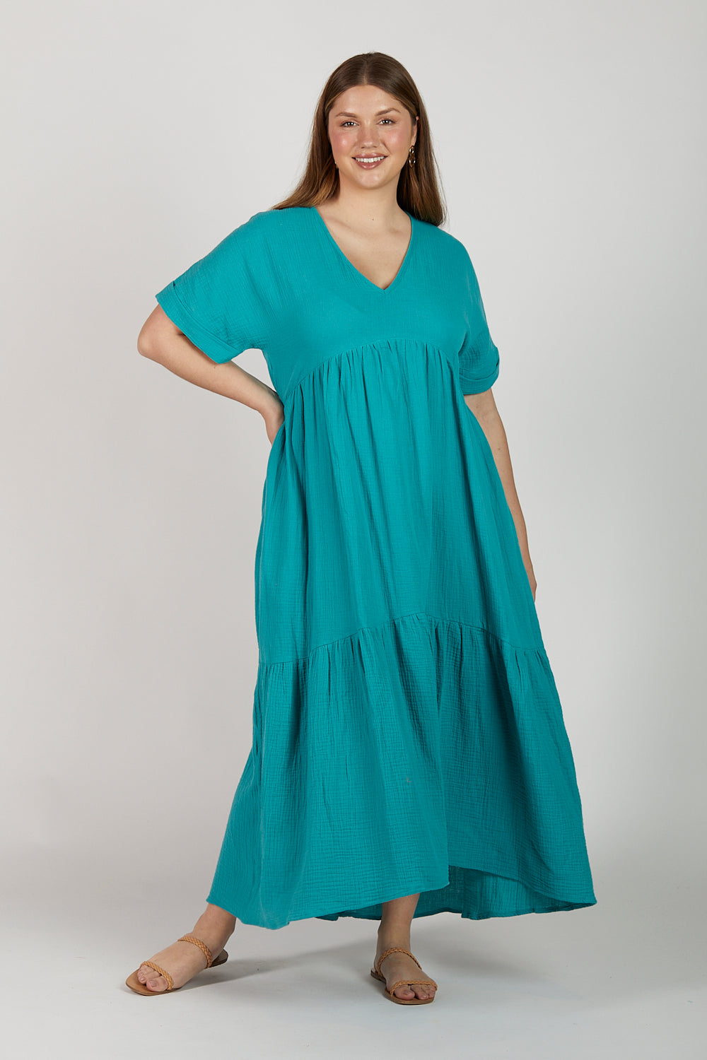 Adriana Crinkle Cotton V-Neck Dress in Peacock Parade