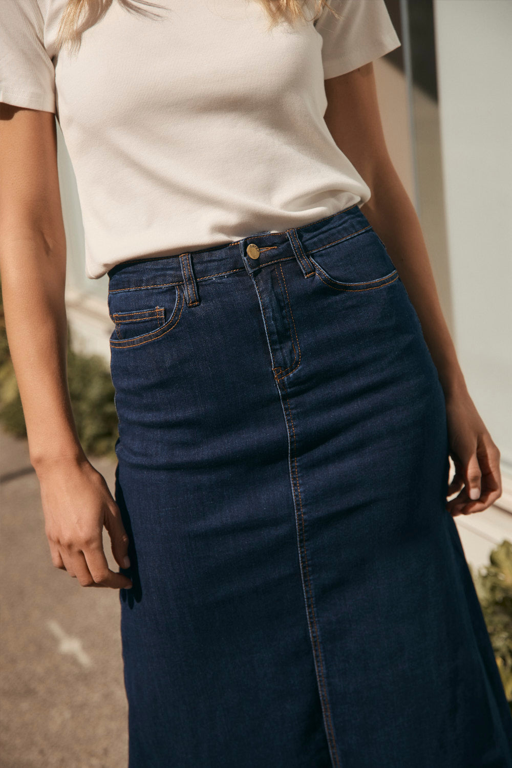 Adrift Denim A-Line Skirt in Dark Wash