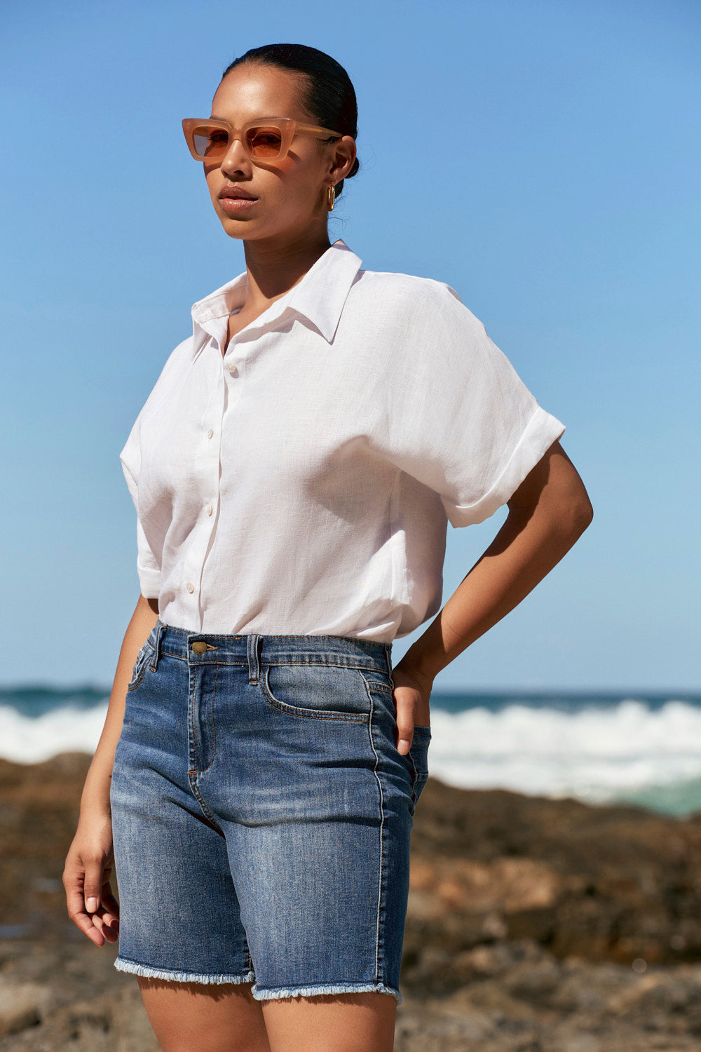 Adrift Denim Cut Off Shorts in Mid Wash