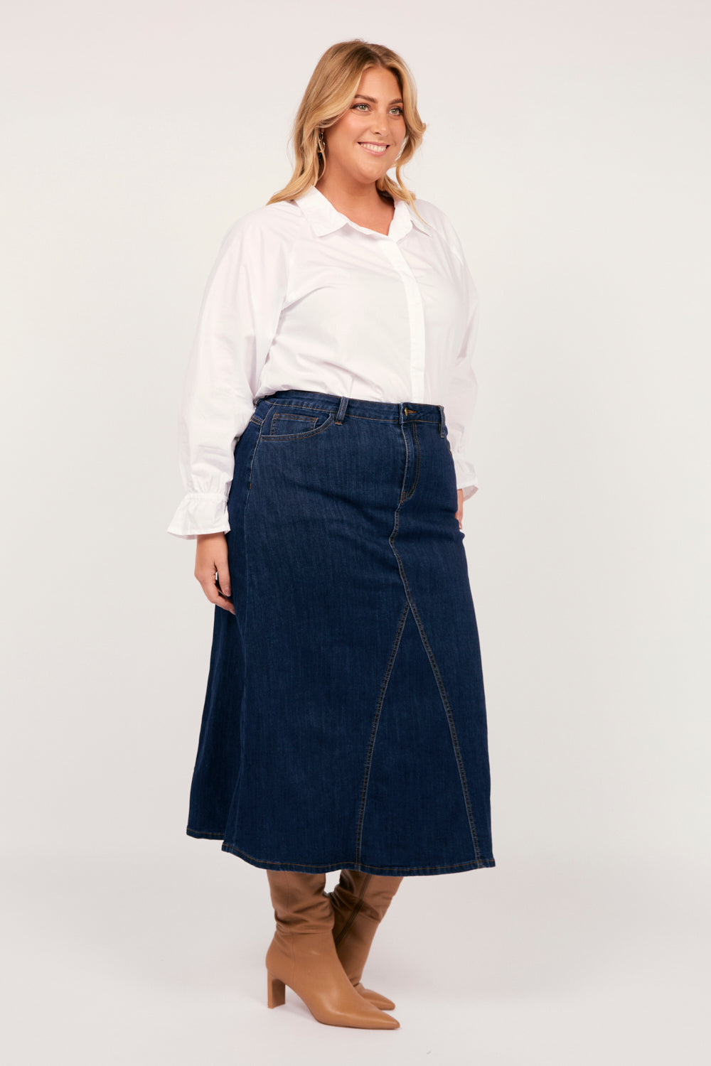 Adrift Denim Midi Skirt in Dark Wash