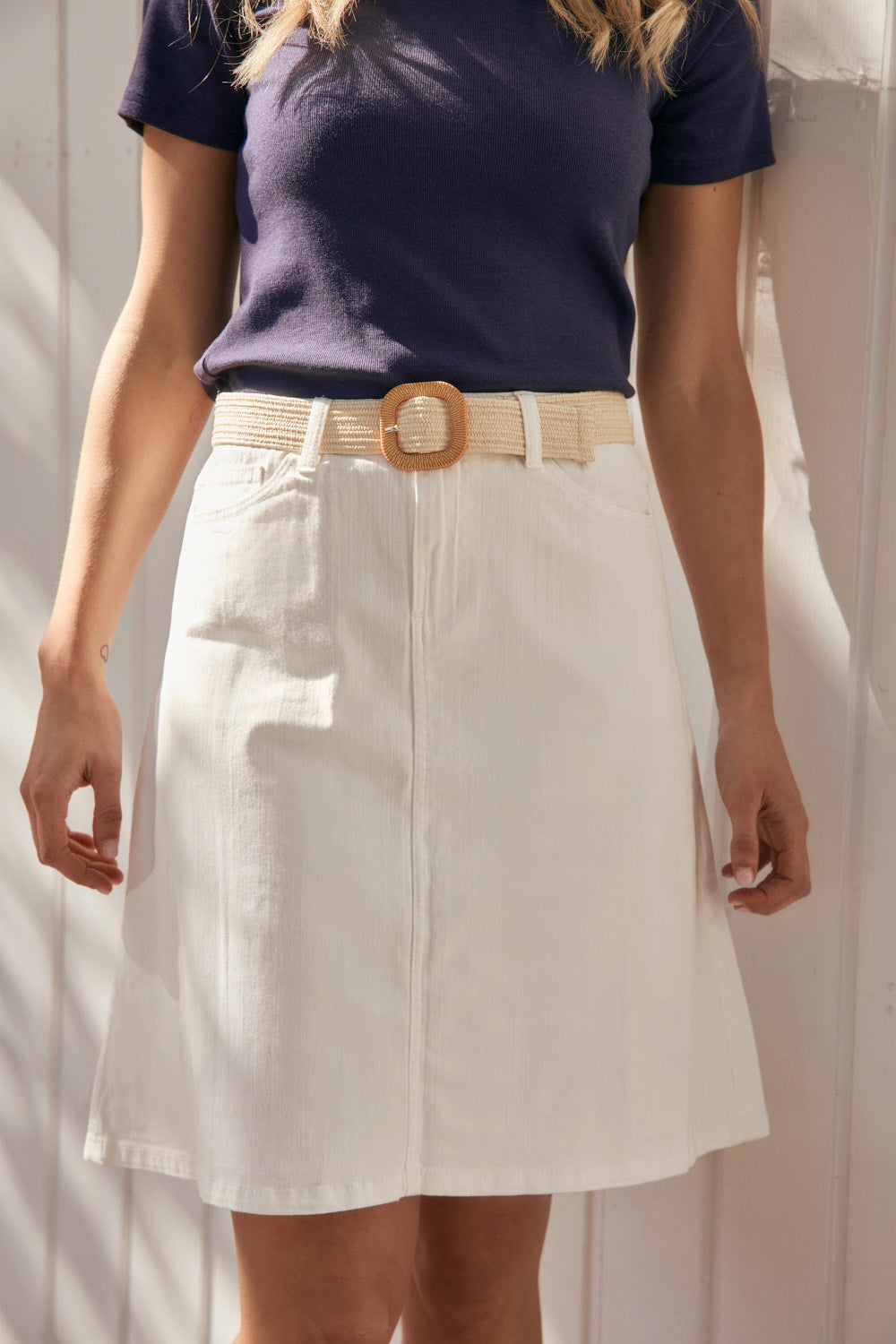 Adrift Denim Short A-Line Skirt in White