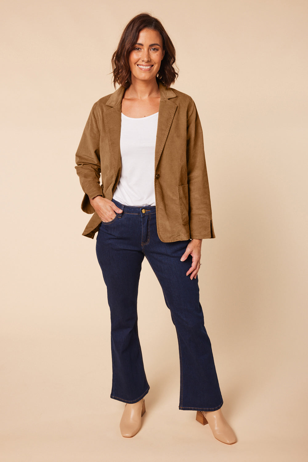 Adrift Relaxed Brushed Cotton Blazer in Camel