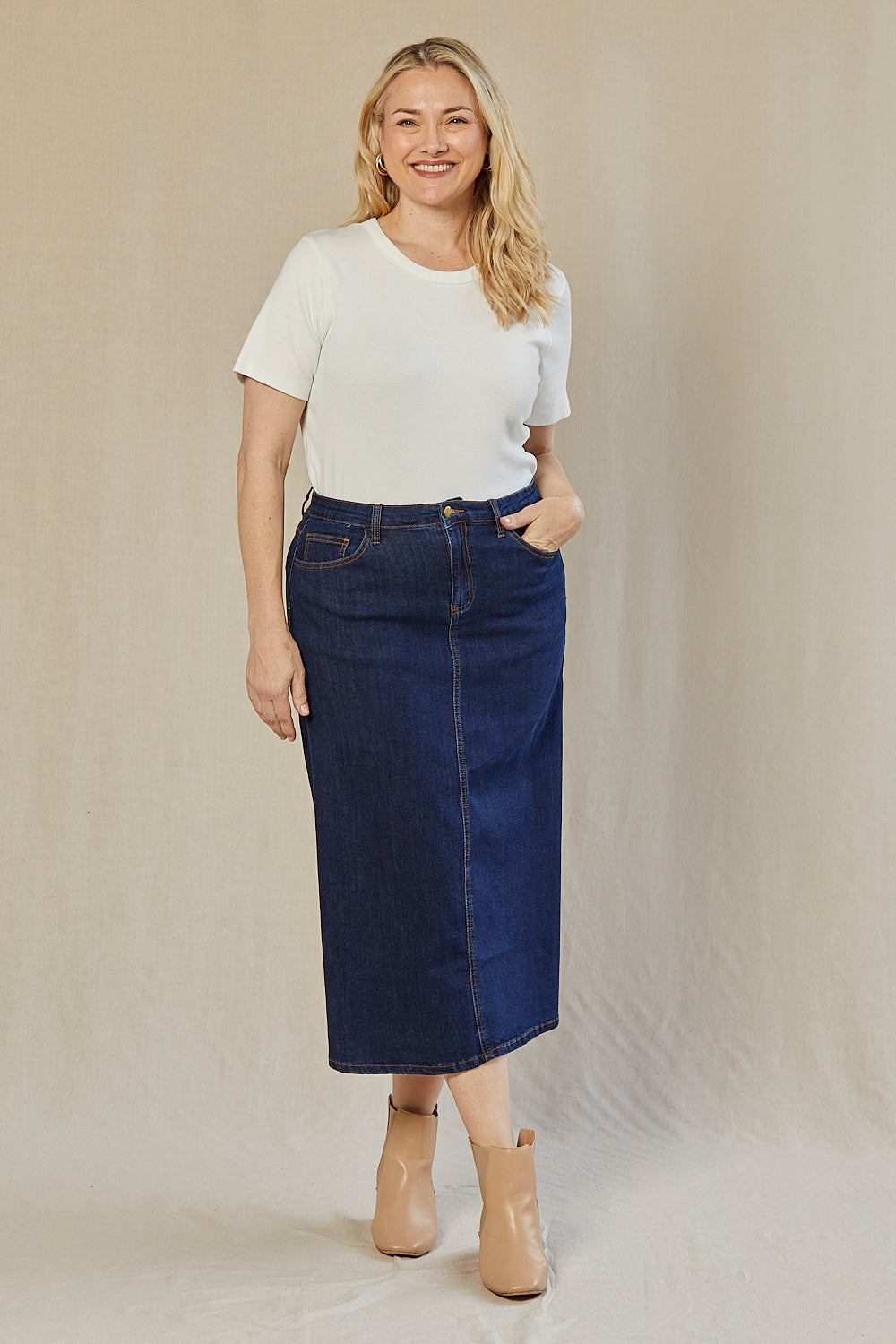 Adrift Denim A-Line Skirt in Mid Wash