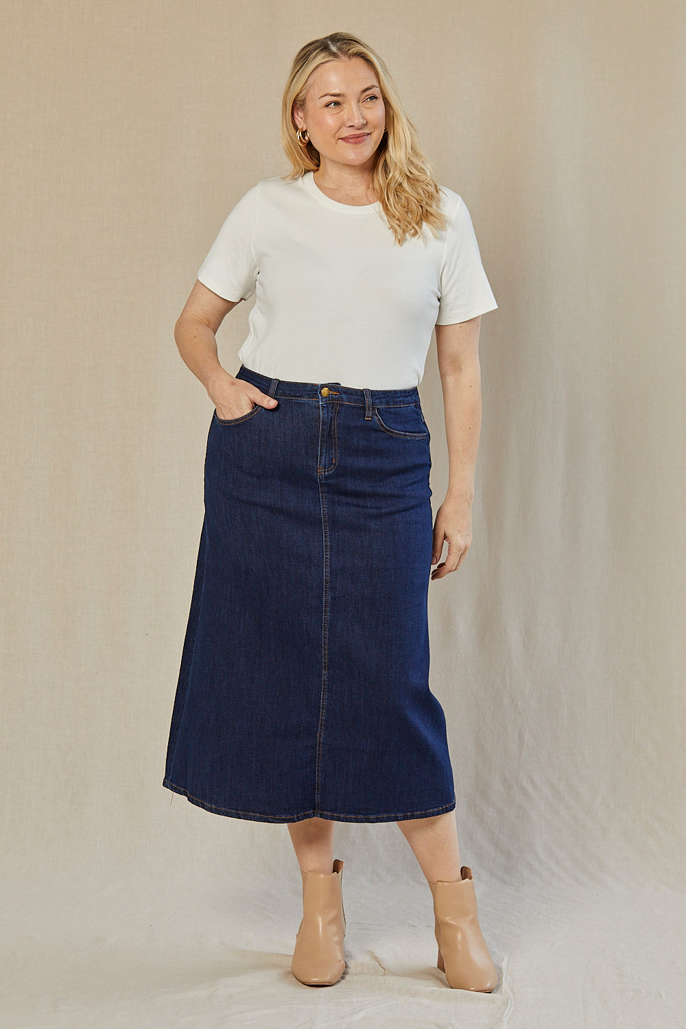 Adrift Denim A Line Skirt in Mid Wash