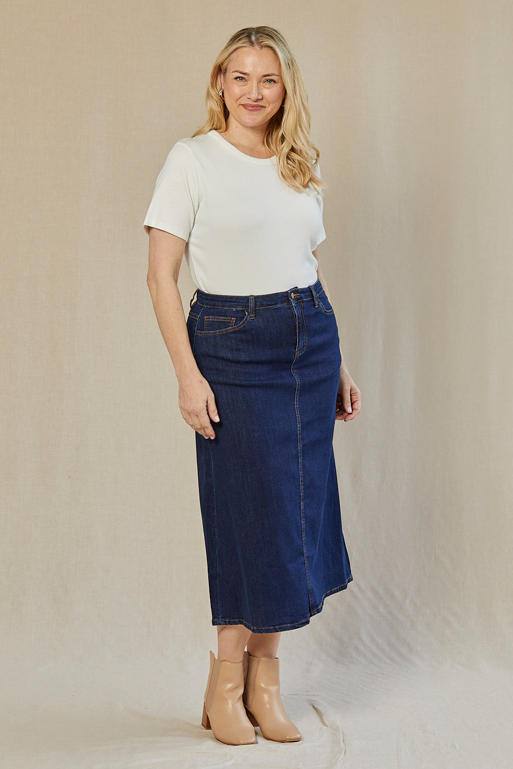 Adrift Denim A-Line Skirt in Mid Wash