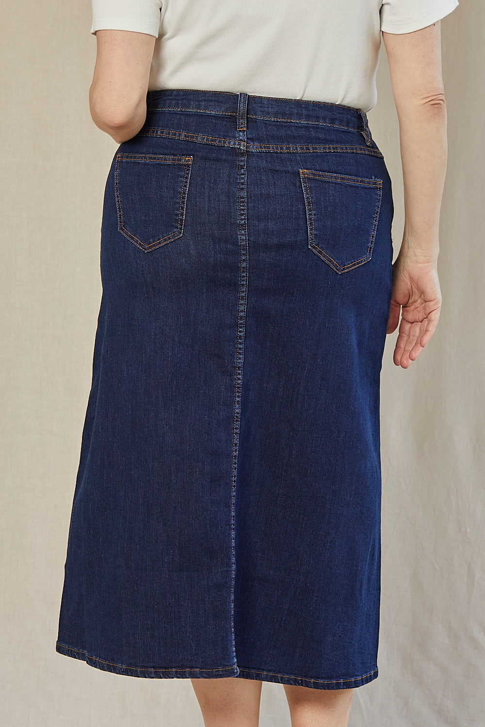 Adrift Denim A Line Skirt in Mid Wash Cotton Stretch Midi Length Skirt Adrift Clothing