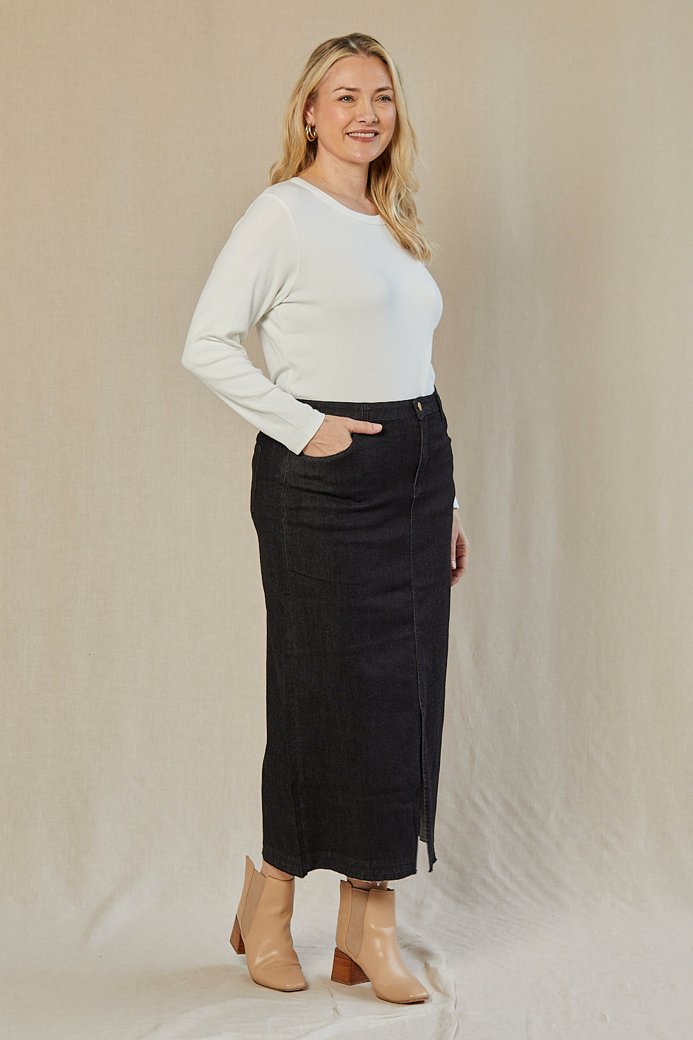 Adrift Denim Long Split Skirt in Black