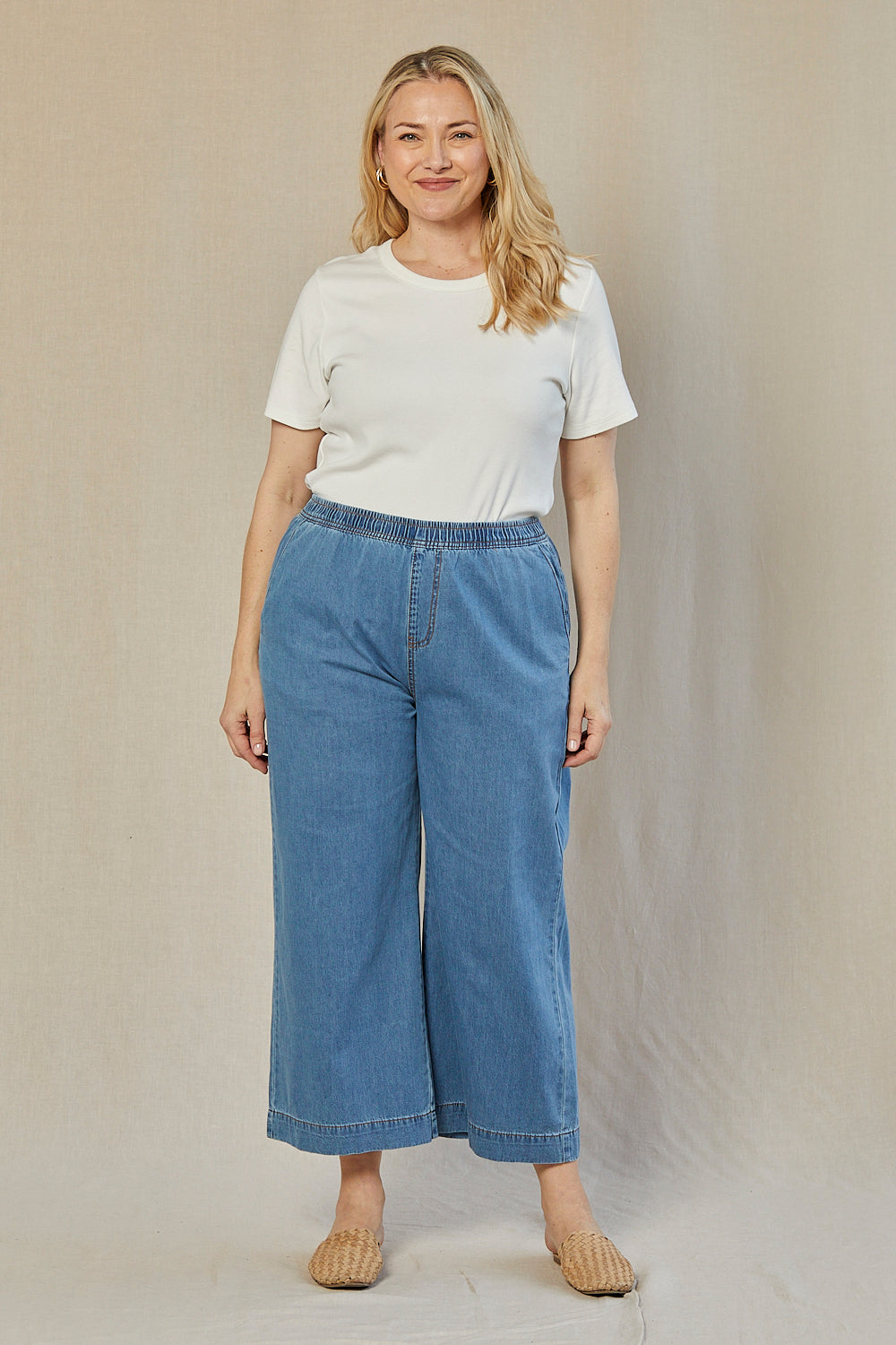 Denim by Adrift Breezy Chambray Cropped Pant in Light Wash Cotton Wide Leg Adrift Clothing