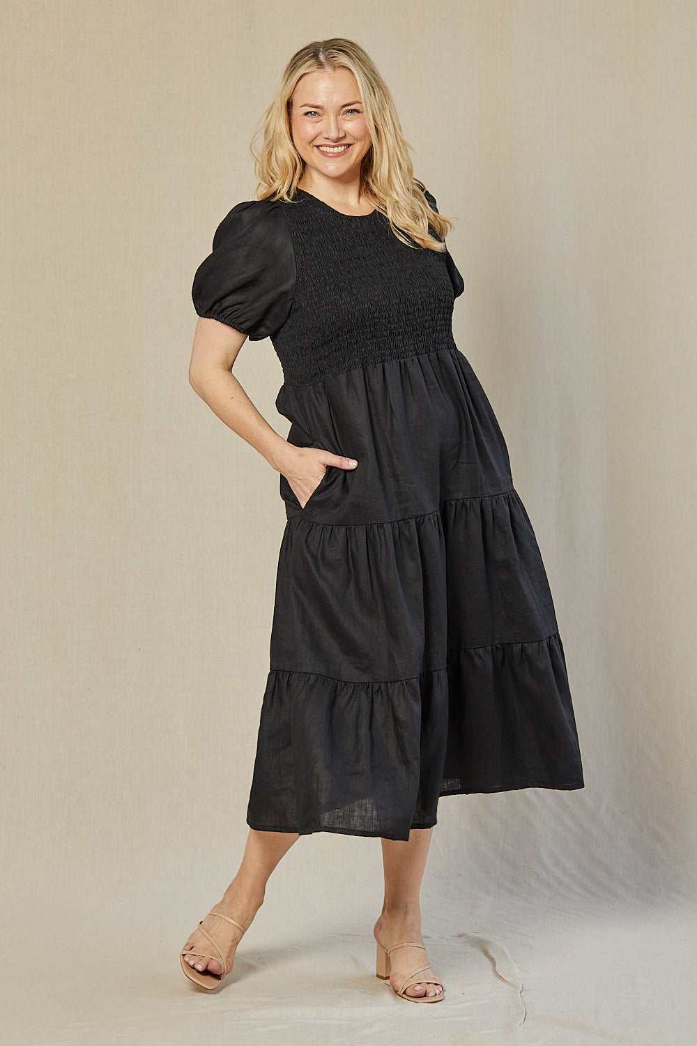 Minden Linen Shirred Short Sleeve Dress in Black