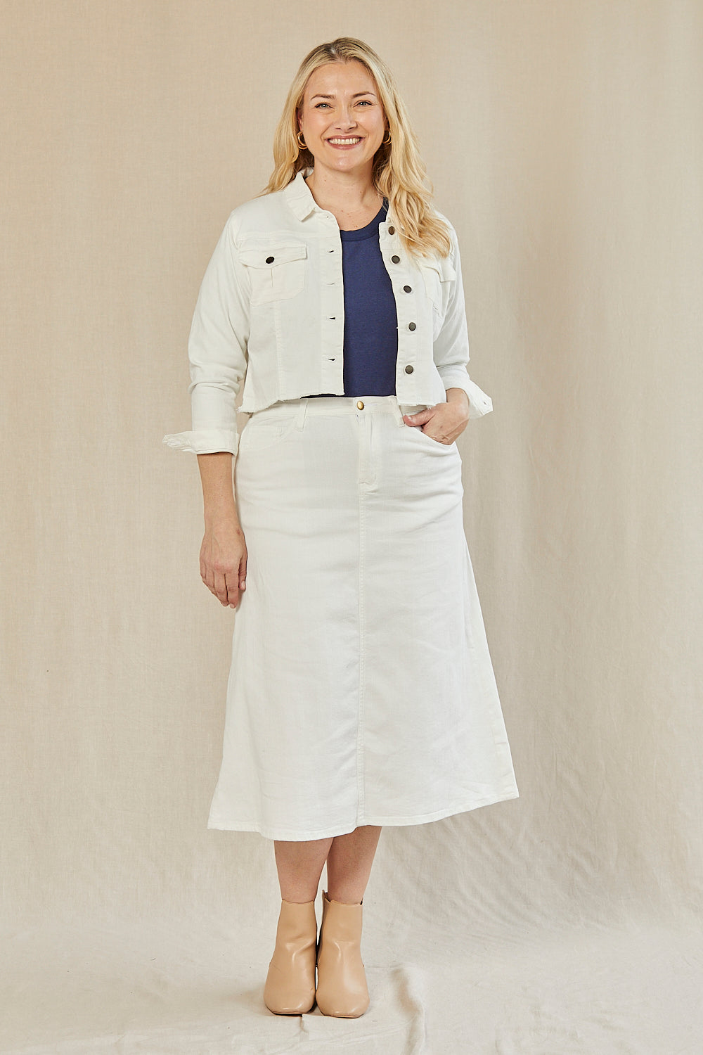 Adrift Denim A Line Skirt in White Cotton Stretch Denim Midi Length Adrift Clothing