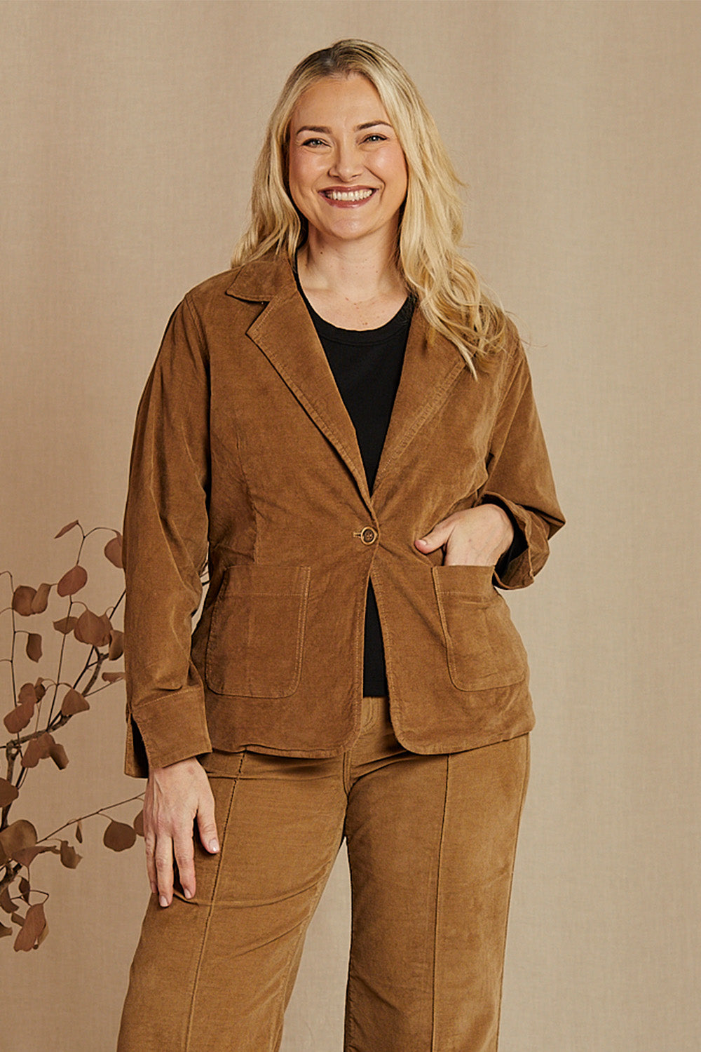 Adrift Relaxed Brushed Cotton Blazer in Camel