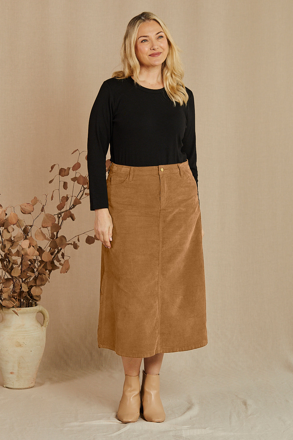 Adrift A-Line Brushed Cotton Skirt in Camel