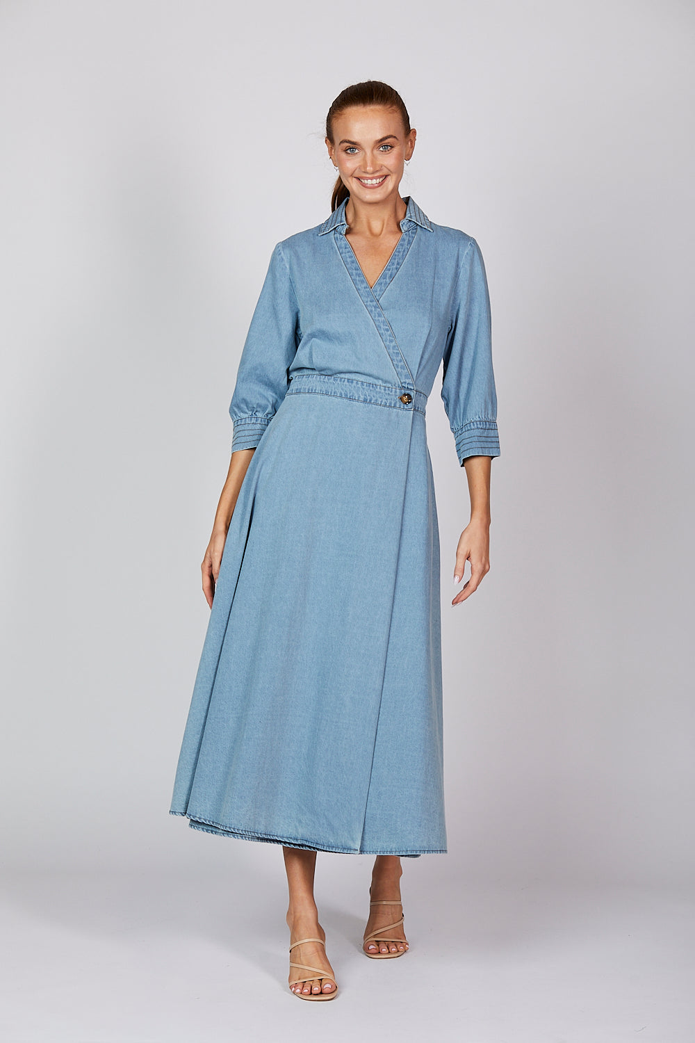 Wendy Chambray Wrap Dress in Light Wash