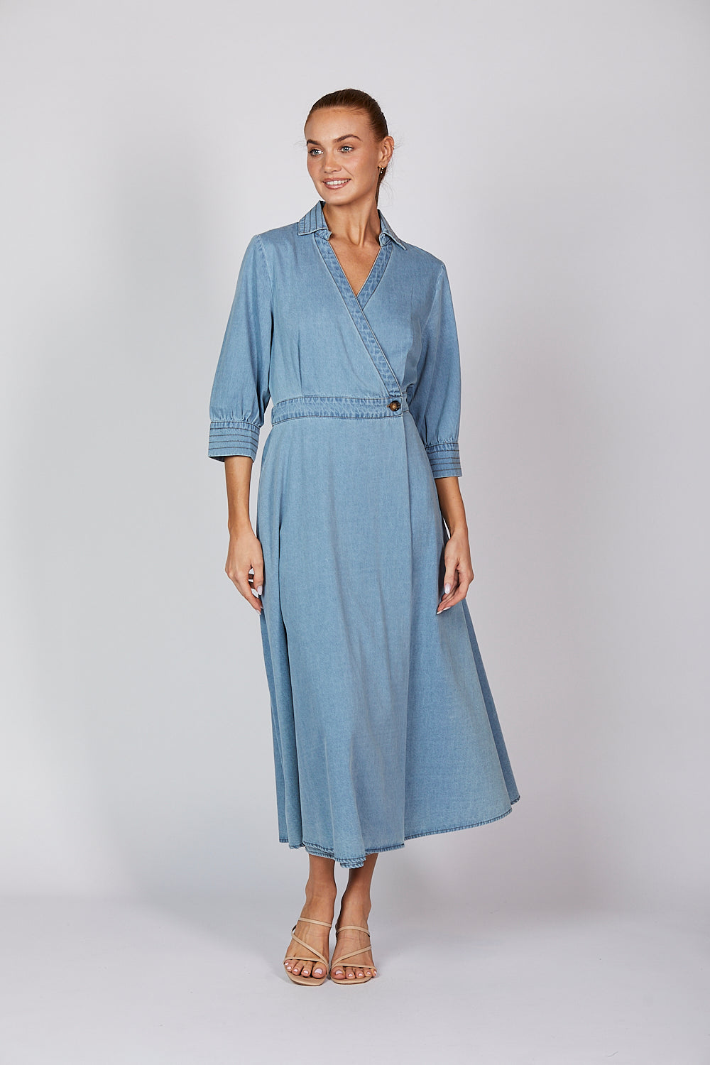 Wendy Chambray Wrap Dress in Light Wash