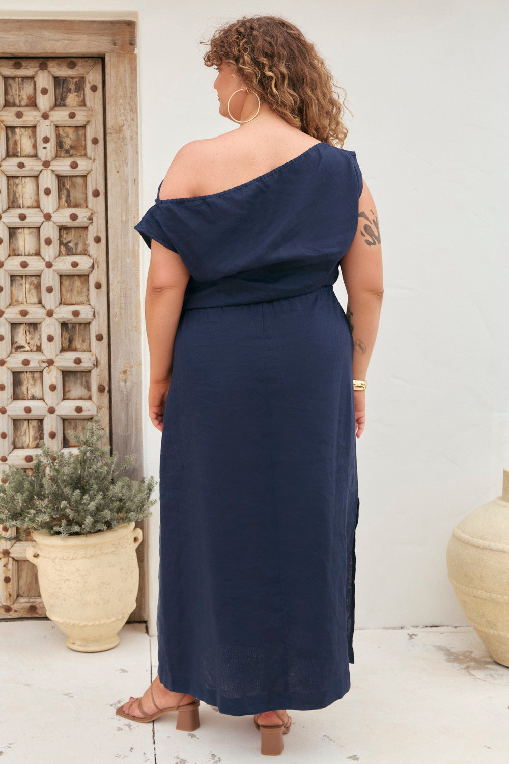 Alice Linen Drop Shoulder Dress in Navy