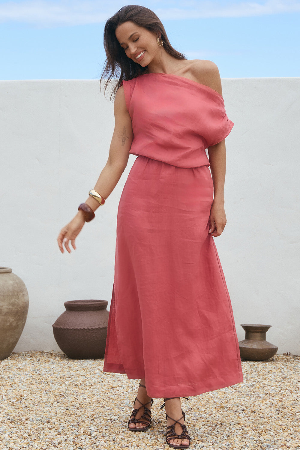 Alice Linen Drop Shoulder Dress in Vintage Rose