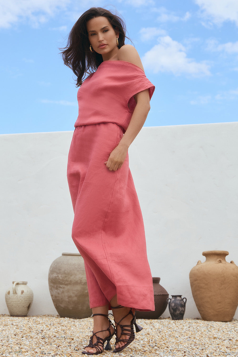 Alice Linen Drop Shoulder Dress in Vintage Rose