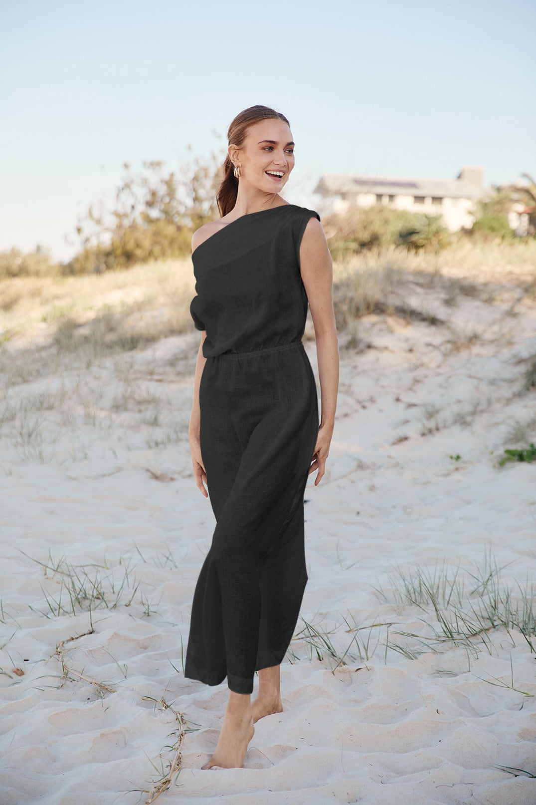 Alice Linen Drop Shoulder Dress in Black