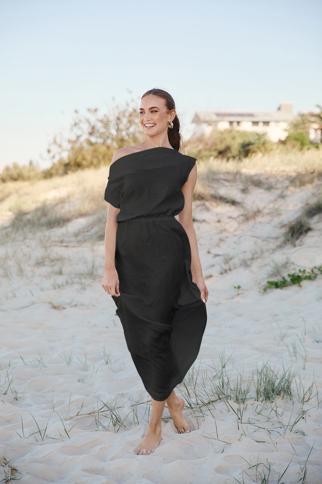 Alice Linen Drop Shoulder Dress in Black