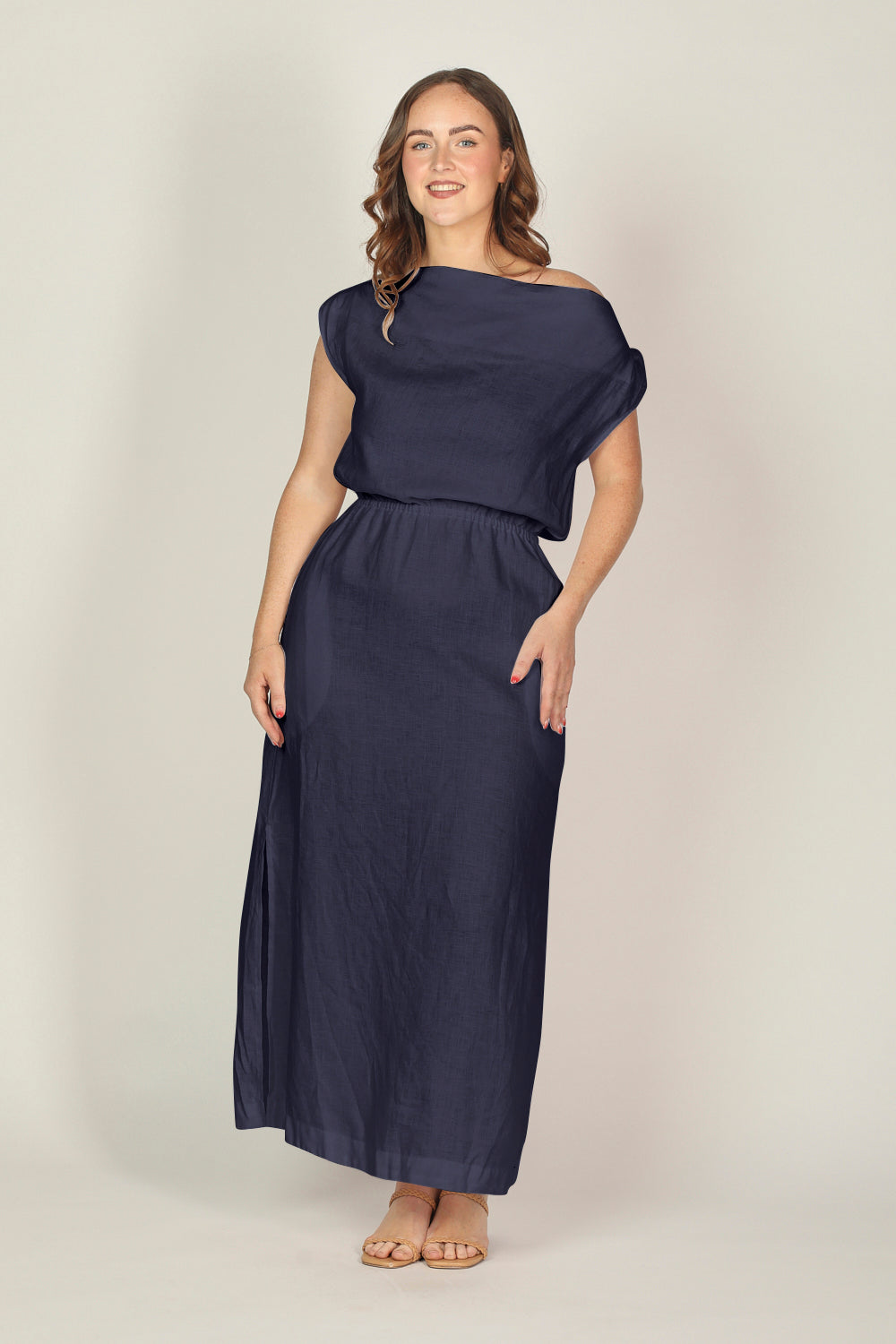 Alice Linen Drop Shoulder Dress in Navy