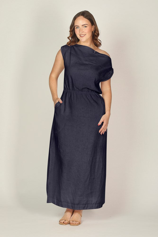 Alice Linen Drop Shoulder Dress in Navy PRE-ORDER