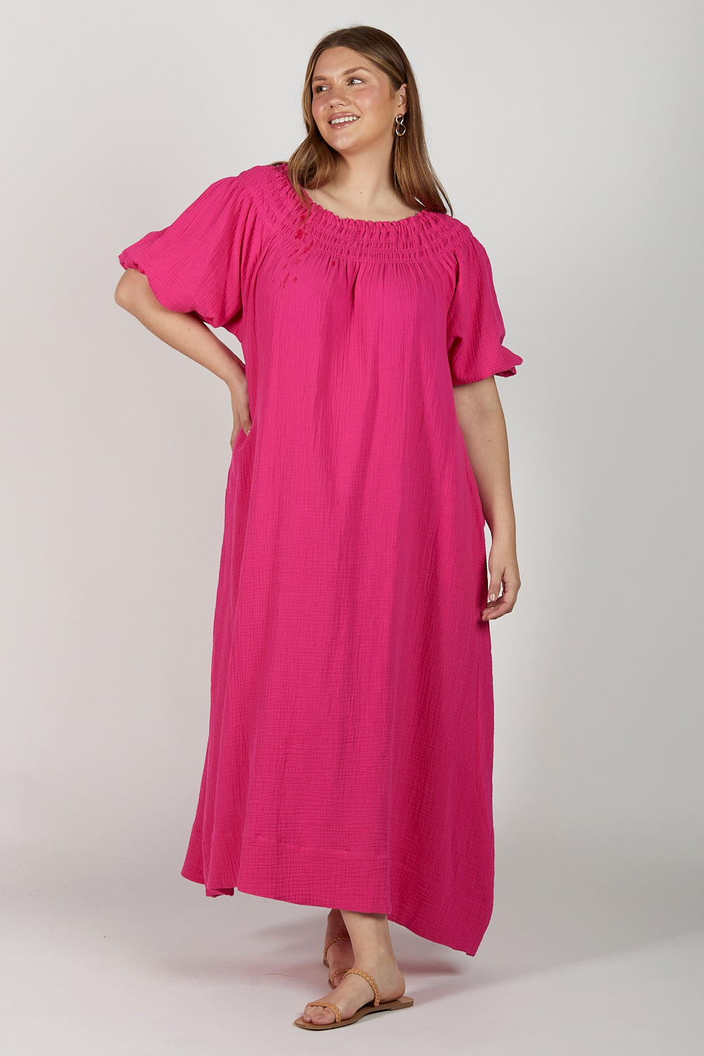 Alisa Crinkle Cotton Off The Shoulder Dress in Pink Glo