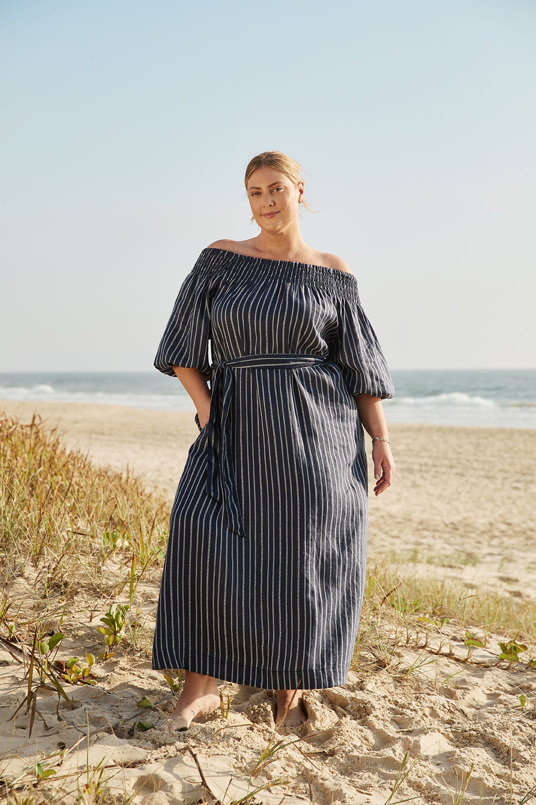 Alisa Off The Shoulder Linen Dress in Boathouse