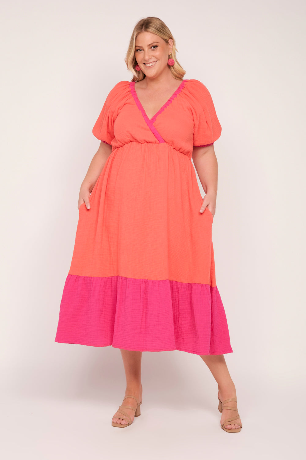 Alison Crinkle Cotton Midi Dress in Sunset