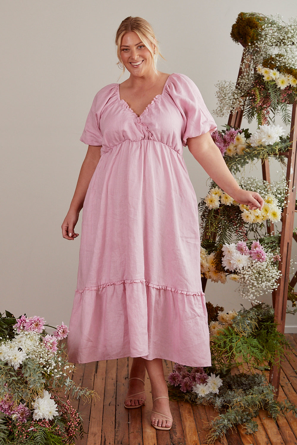 Alison Linen Midi Dress in Peony