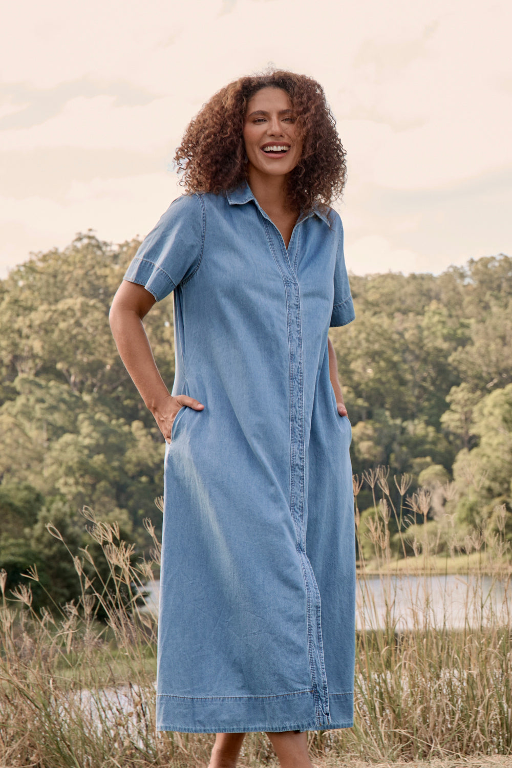 Anna Chambray Maxi Dress in Light Wash