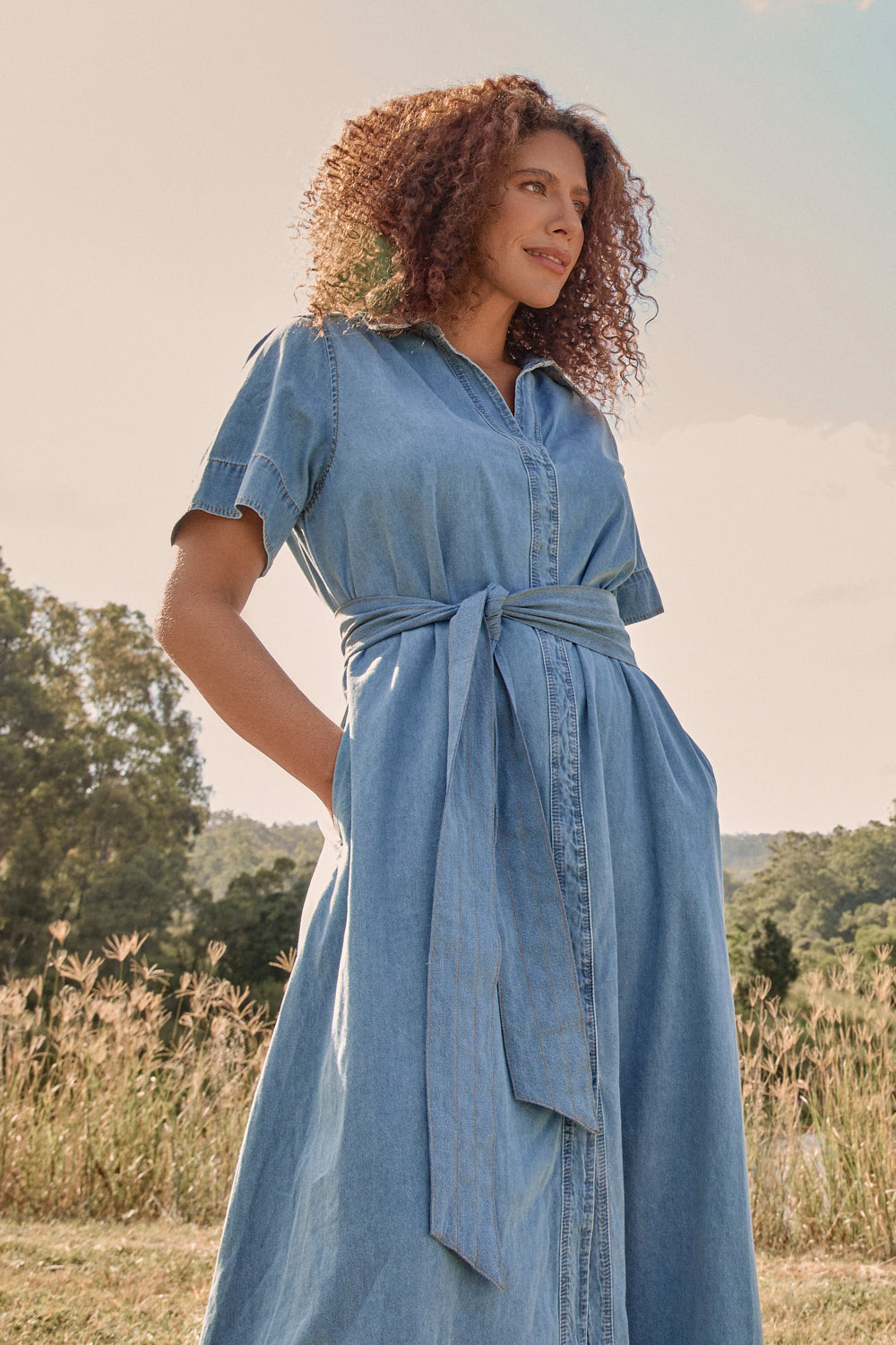 Anna Chambray Maxi Dress in Light Wash