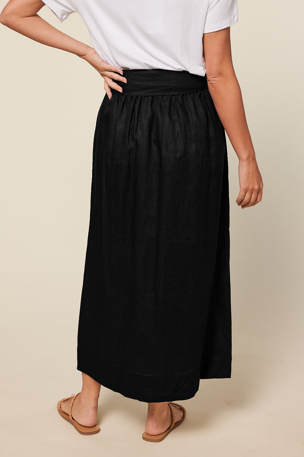 Adrift Signature Anne Linen Skirt in Black Fabric Tie Belt Side Split Adrift Clothing