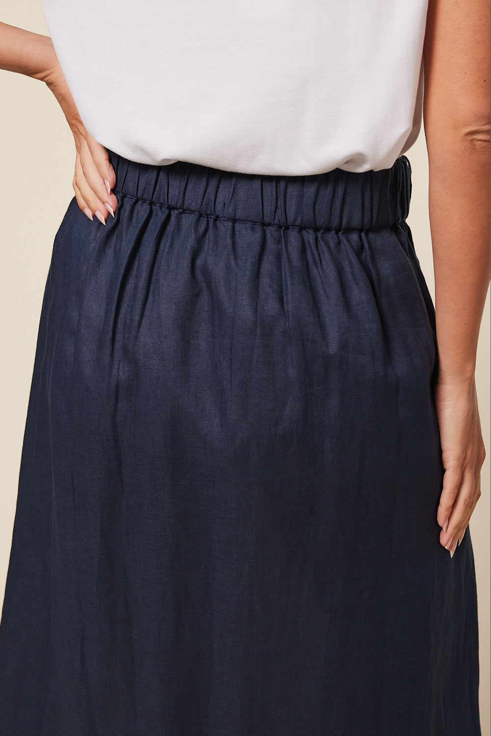 Adrift Considered Anne Linen Skirt in Navy Straight Cut Side Split Shape Adrift Clothing