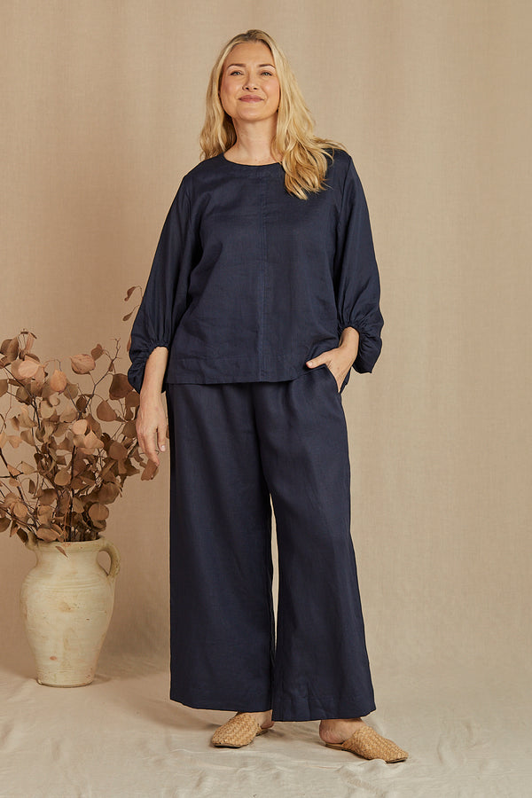 Linen Relaxed Frill Blouse - Navy